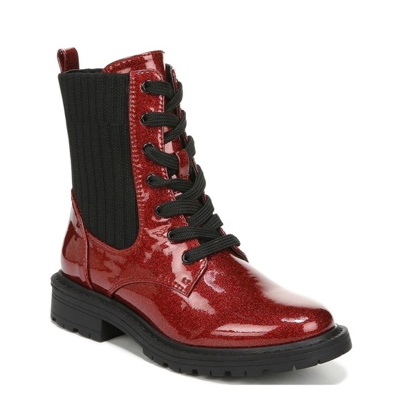 NEW Sam Edelman Lydell Girls Combat Boots Lace Up Ruby Red Glitter - Picture 1 of 7